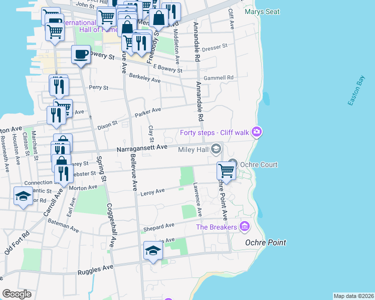 map of restaurants, bars, coffee shops, grocery stores, and more near 97 Narragansett Avenue in Newport