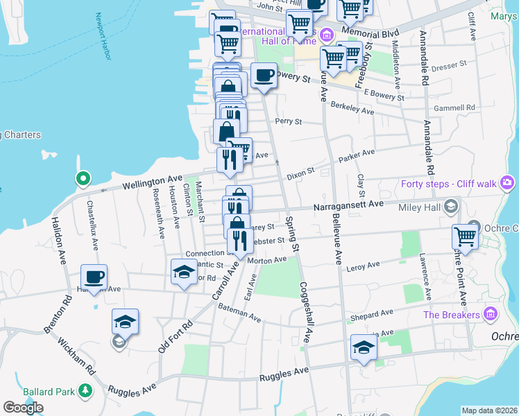 map of restaurants, bars, coffee shops, grocery stores, and more near 5 Narragansett Avenue in Newport