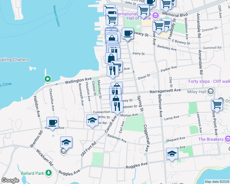 map of restaurants, bars, coffee shops, grocery stores, and more near 14 West Narragansett Avenue in Newport