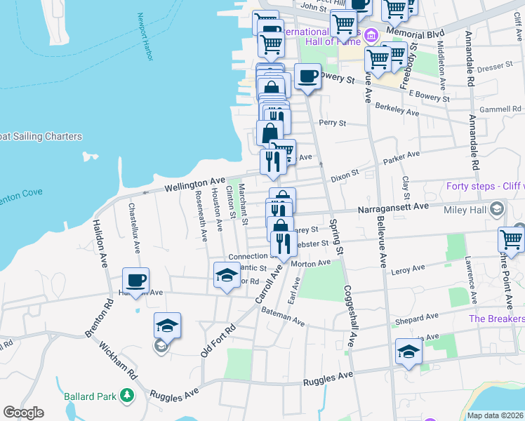 map of restaurants, bars, coffee shops, grocery stores, and more near 14 West Narragansett Avenue in Newport