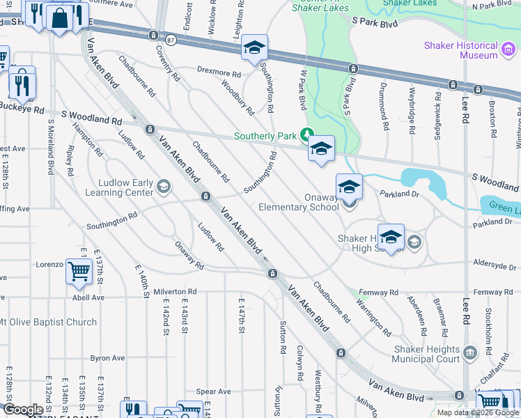 map of restaurants, bars, coffee shops, grocery stores, and more near 3119 Chadbourne Road in Shaker Heights