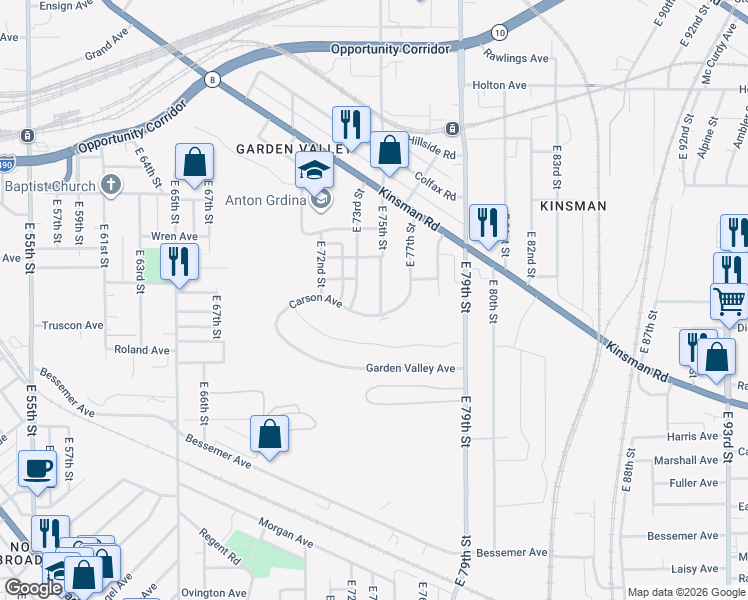 map of restaurants, bars, coffee shops, grocery stores, and more near 7409 Carson Avenue in Cleveland