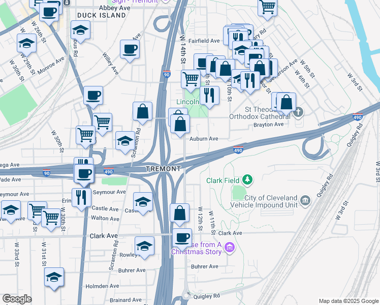 map of restaurants, bars, coffee shops, grocery stores, and more near in Cleveland