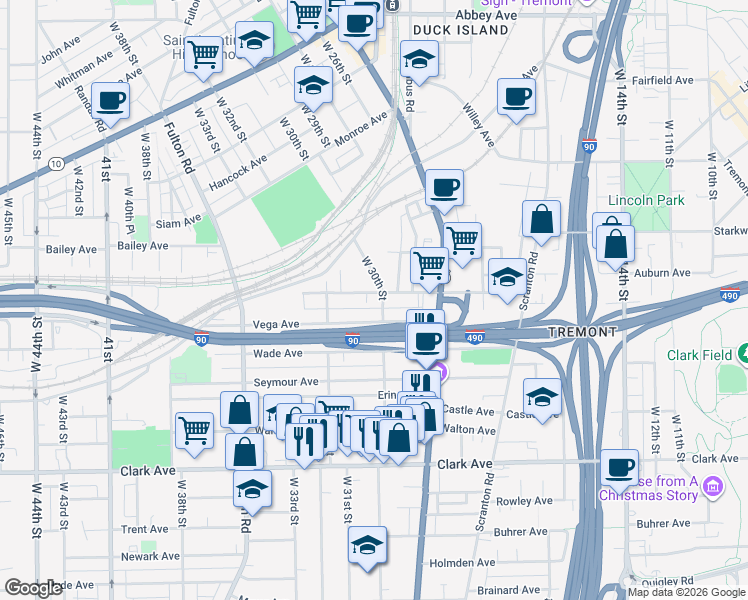map of restaurants, bars, coffee shops, grocery stores, and more near 3007 Barber Court in Cleveland