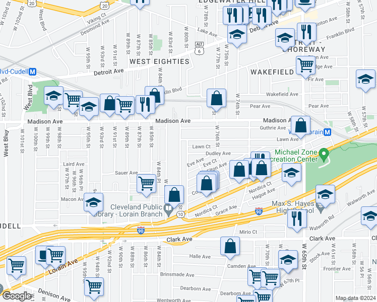 map of restaurants, bars, coffee shops, grocery stores, and more near 7901 Dudley Avenue in Cleveland