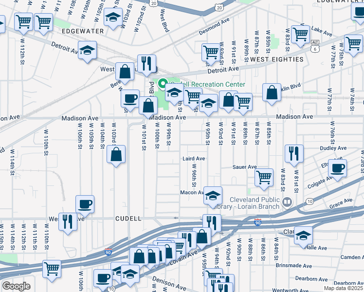 map of restaurants, bars, coffee shops, grocery stores, and more near 9810 Marietta Avenue in Cleveland