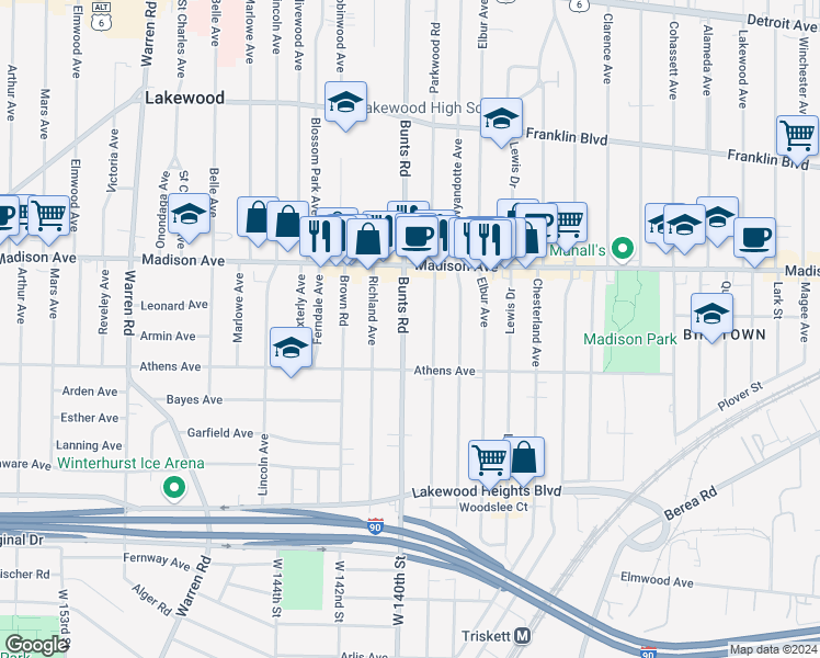 map of restaurants, bars, coffee shops, grocery stores, and more near 2073 Bunts Road in Lakewood