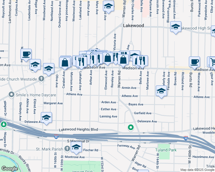map of restaurants, bars, coffee shops, grocery stores, and more near 2084 Elmwood Avenue in Lakewood