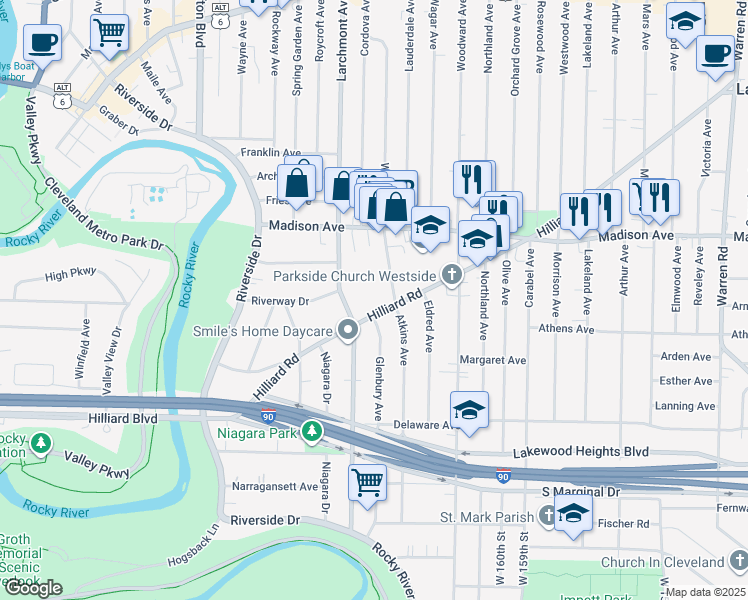 map of restaurants, bars, coffee shops, grocery stores, and more near 2093 McKinley Avenue in Lakewood