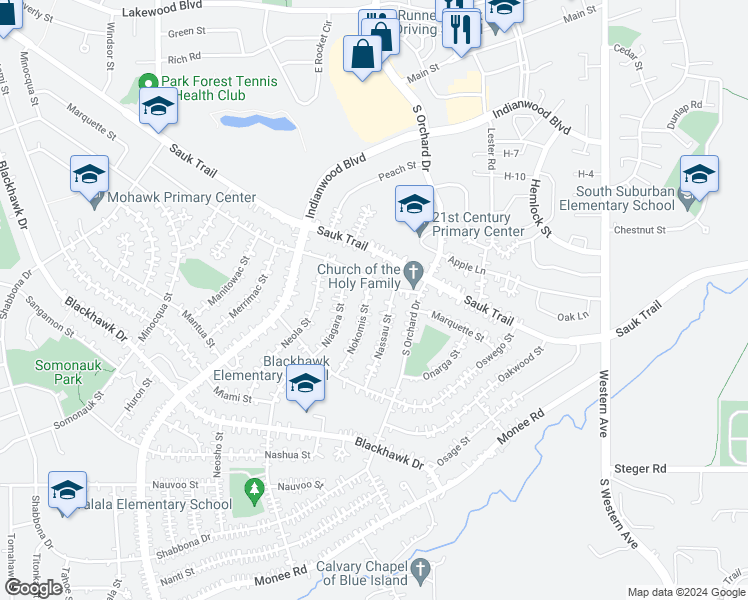 map of restaurants, bars, coffee shops, grocery stores, and more near 317 Nokomis Street in Park Forest