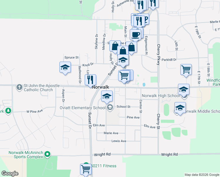map of restaurants, bars, coffee shops, grocery stores, and more near 721 Jackson Street in Norwalk