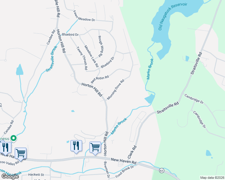 map of restaurants, bars, coffee shops, grocery stores, and more near 44 Morning Dove Road in Naugatuck