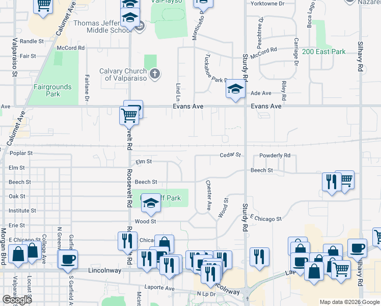 map of restaurants, bars, coffee shops, grocery stores, and more near 1599 Elm Ct in Valparaiso