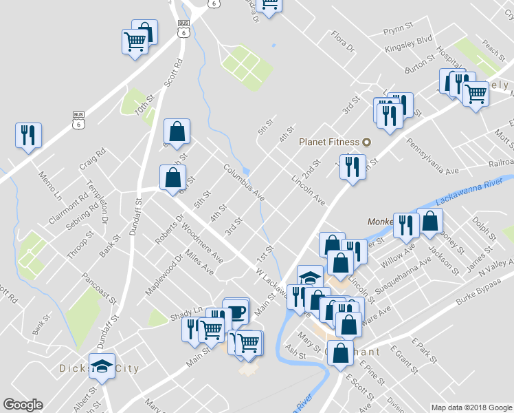 map of restaurants, bars, coffee shops, grocery stores, and more near 226 3rd Street in Olyphant