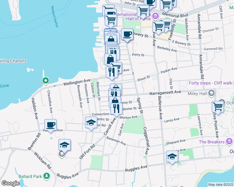 map of restaurants, bars, coffee shops, grocery stores, and more near 5 Narragansett Avenue in Newport