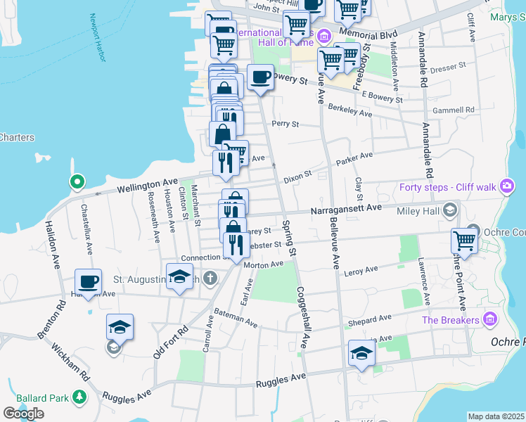 map of restaurants, bars, coffee shops, grocery stores, and more near 19 Narragansett Avenue in Newport