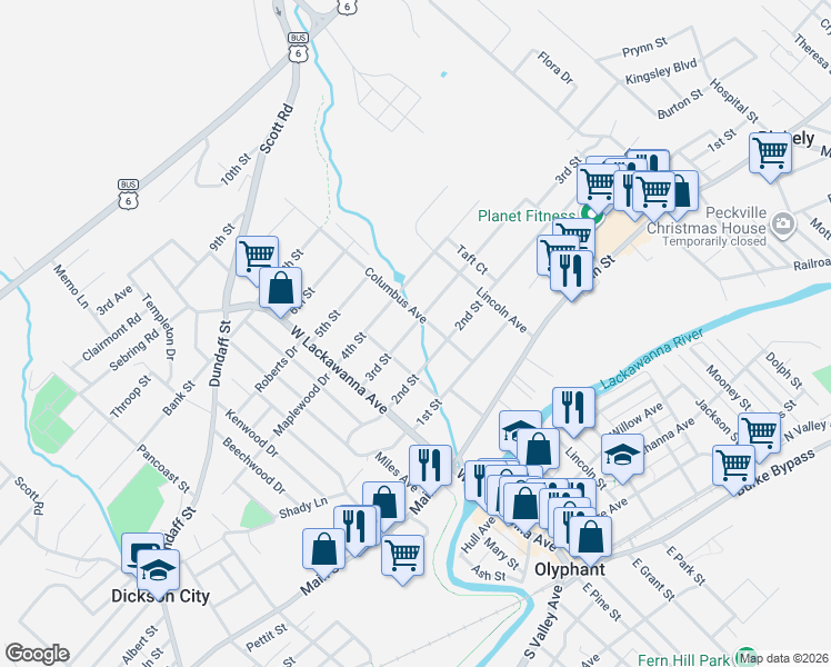 map of restaurants, bars, coffee shops, grocery stores, and more near 223 3rd Street in Olyphant
