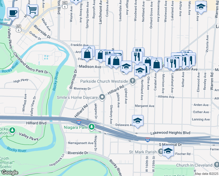 map of restaurants, bars, coffee shops, grocery stores, and more near 2093 McKinley Avenue in Lakewood