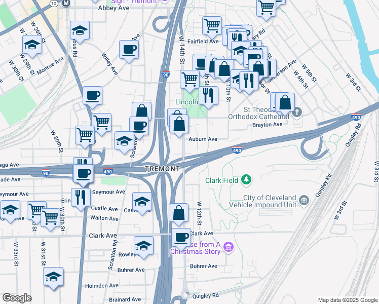map of restaurants, bars, coffee shops, grocery stores, and more near 2711 West 14th Street in Cleveland