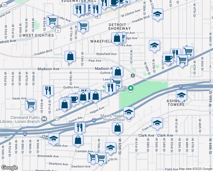map of restaurants, bars, coffee shops, grocery stores, and more near 6806 Colgate Ave in Cleveland