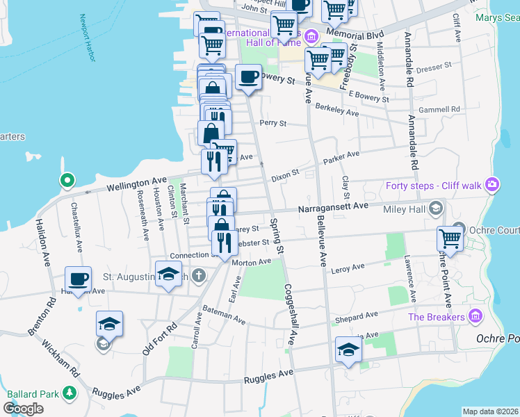 map of restaurants, bars, coffee shops, grocery stores, and more near 32 Narragansett Avenue in Newport