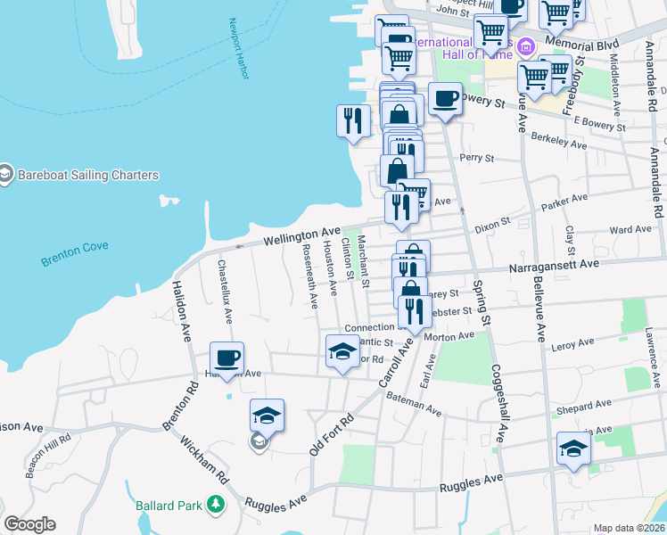 map of restaurants, bars, coffee shops, grocery stores, and more near 50 Houston Avenue in Newport