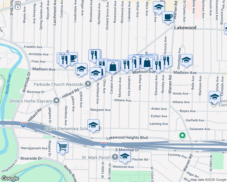 map of restaurants, bars, coffee shops, grocery stores, and more near 2079 Carabel Avenue in Lakewood