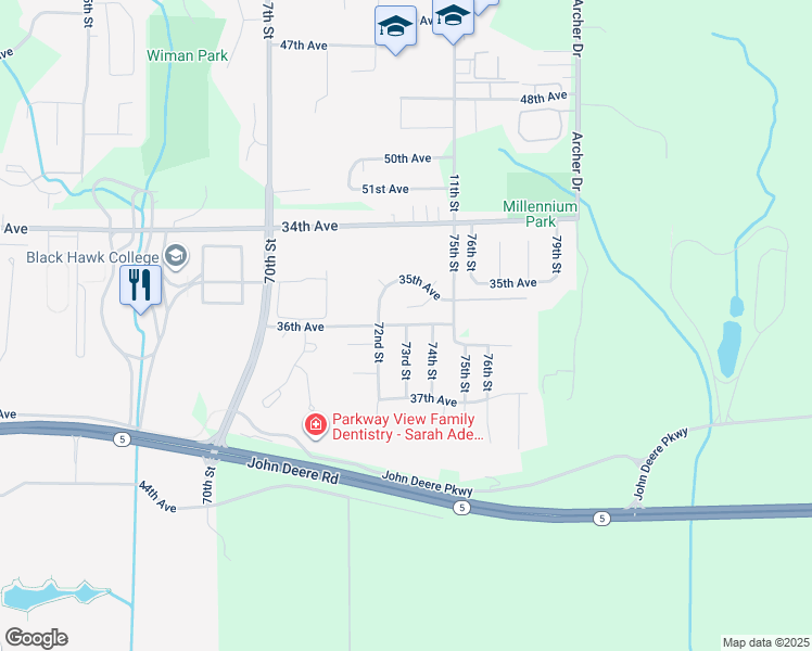 map of restaurants, bars, coffee shops, grocery stores, and more near 3601 73rd Street in Moline