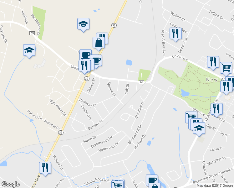 map of restaurants, bars, coffee shops, grocery stores, and more near 233 Spruce Street in New Windsor