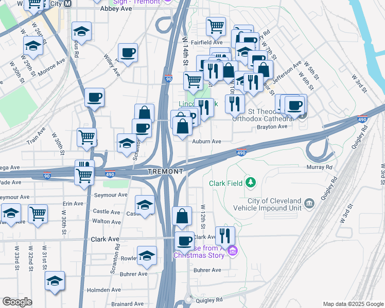 map of restaurants, bars, coffee shops, grocery stores, and more near 2711 West 14th Street in Cleveland