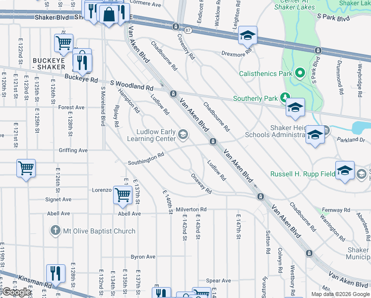map of restaurants, bars, coffee shops, grocery stores, and more near 3105 Keswick Road in Shaker Heights