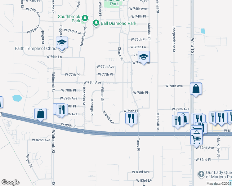 map of restaurants, bars, coffee shops, grocery stores, and more near 7836 Chase Street in Merrillville