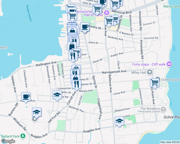 map of restaurants, bars, coffee shops, grocery stores, and more near 19 Narragansett Avenue in Newport