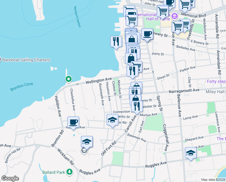 map of restaurants, bars, coffee shops, grocery stores, and more near 56 Houston Avenue in Newport