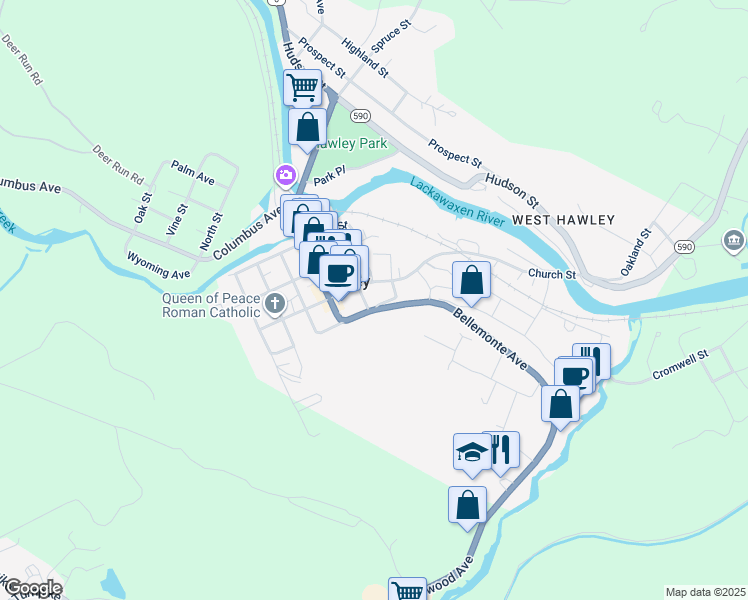 map of restaurants, bars, coffee shops, grocery stores, and more near 519 Spring Street in Hawley
