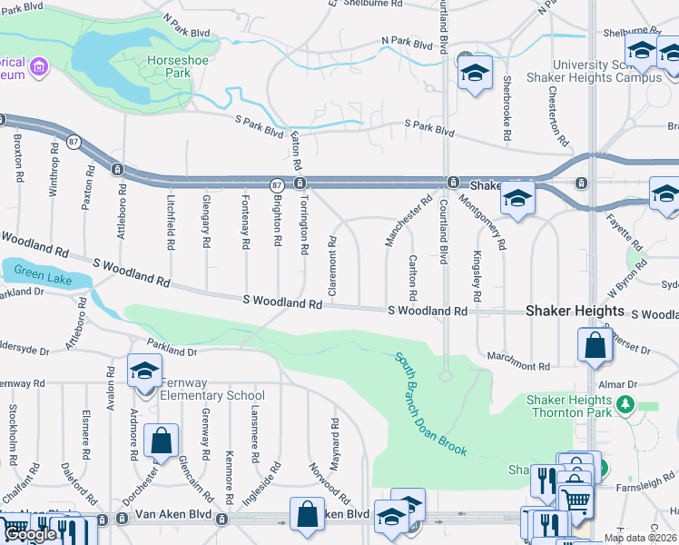 map of restaurants, bars, coffee shops, grocery stores, and more near 2988 Eaton Road in Shaker Heights