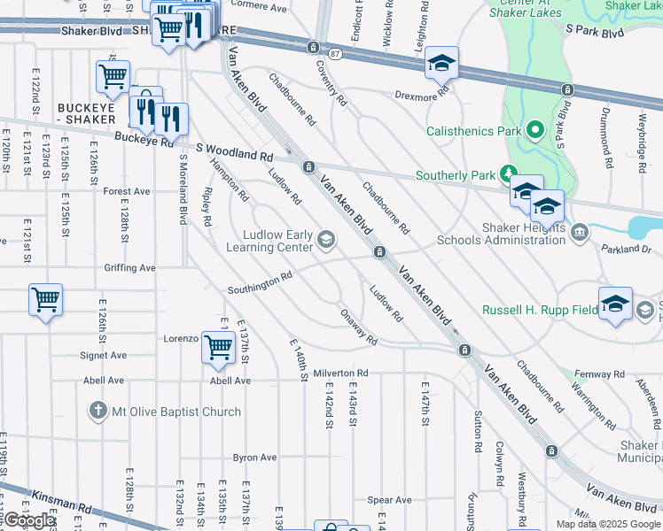 map of restaurants, bars, coffee shops, grocery stores, and more near 3105 Keswick Road in Shaker Heights