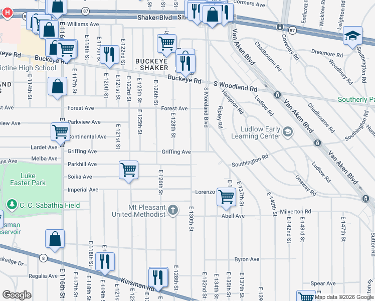 map of restaurants, bars, coffee shops, grocery stores, and more near 12902 Griffing Avenue in Cleveland