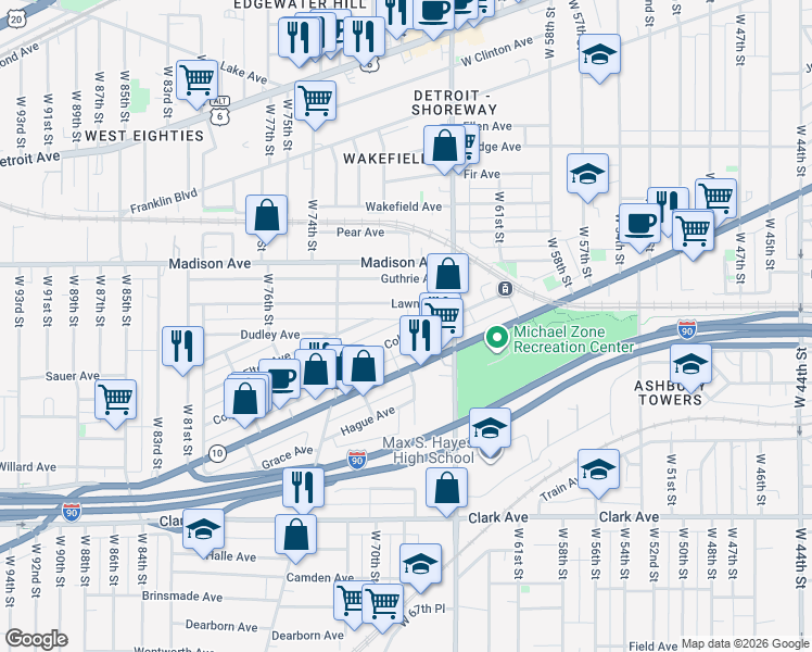 map of restaurants, bars, coffee shops, grocery stores, and more near 6806 Colgate Avenue in Cleveland
