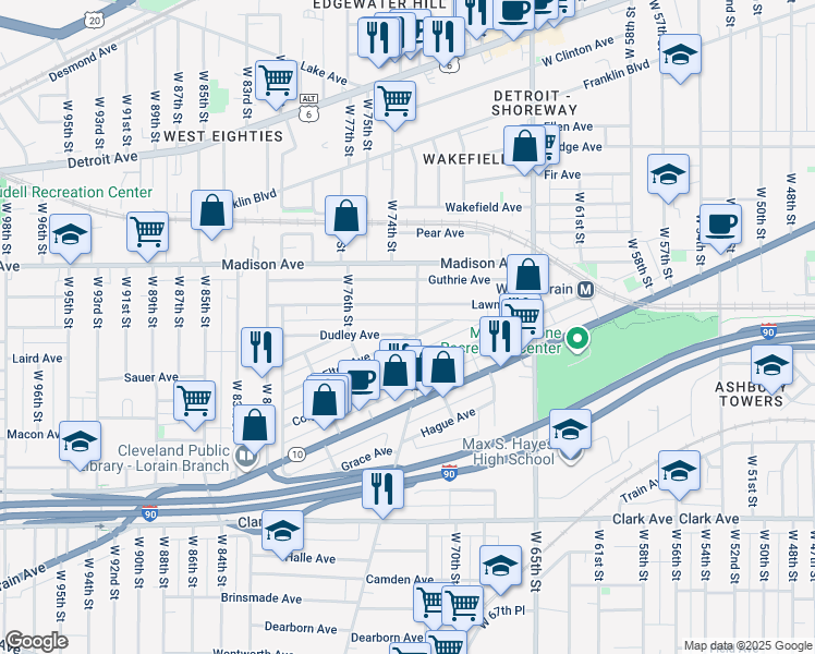 map of restaurants, bars, coffee shops, grocery stores, and more near 2082 West 73rd Street in Cleveland
