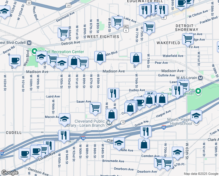 map of restaurants, bars, coffee shops, grocery stores, and more near 2076 West 81st Street in Cleveland