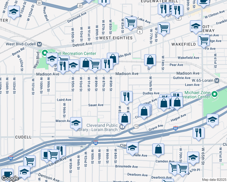 map of restaurants, bars, coffee shops, grocery stores, and more near 2071 West 85th Street in Cleveland
