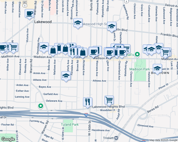 map of restaurants, bars, coffee shops, grocery stores, and more near 2075 Richland Avenue in Lakewood
