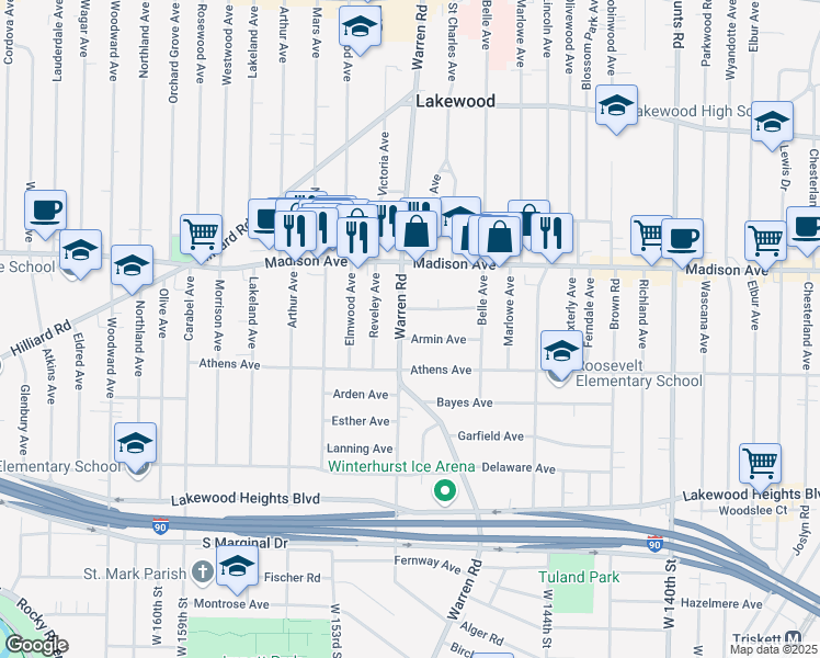 map of restaurants, bars, coffee shops, grocery stores, and more near 14728 Armin Avenue in Lakewood
