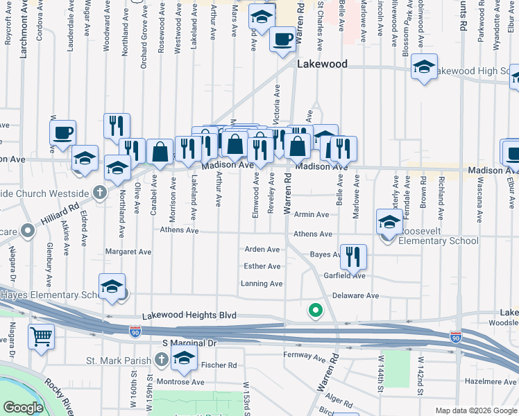 map of restaurants, bars, coffee shops, grocery stores, and more near 2084 Elmwood Avenue in Lakewood