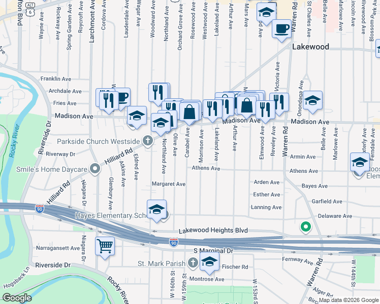 map of restaurants, bars, coffee shops, grocery stores, and more near 2079 Carabel Avenue in Lakewood