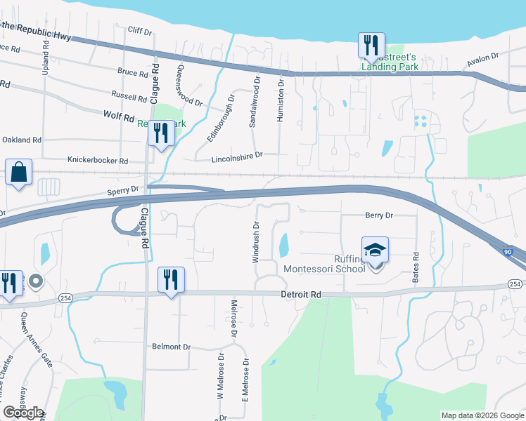 map of restaurants, bars, coffee shops, grocery stores, and more near 635 Windrush Drive in Westlake