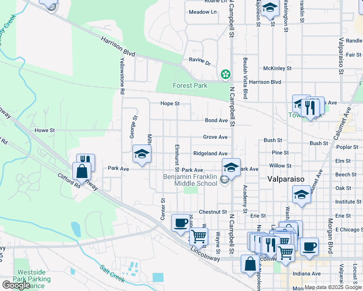 map of restaurants, bars, coffee shops, grocery stores, and more near 600-698 Elmhurst St in Valparaiso