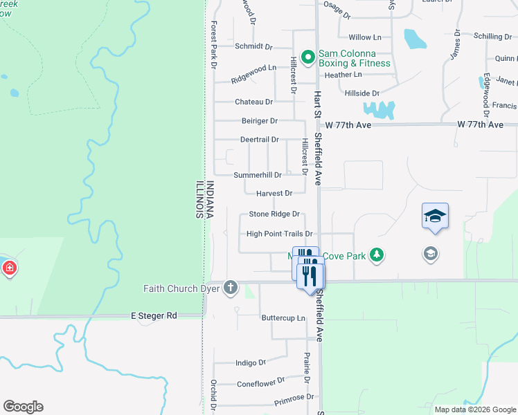 map of restaurants, bars, coffee shops, grocery stores, and more near 150 Stone Ridge Drive in Dyer