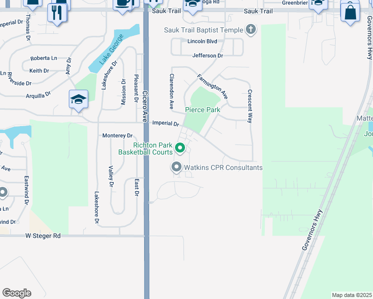 map of restaurants, bars, coffee shops, grocery stores, and more near 4545 Heartland Drive in Richton Park